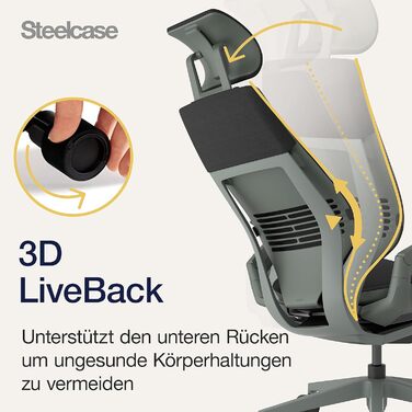 Ергономічне офісне крісло Steelcase Gesture з підлокітниками на 360, 3D-функцією поперекової підтримки з динамічною спинкою, регульованим підголівником, чорний онікс, 66 x 62,5 x 107 см, чорний онікс з підголівником