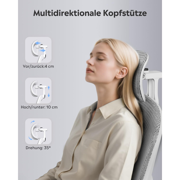 Ергономічне офісне крісло DEVAISE Робоче крісло із сегментованою спинкою, регульованим підголівником та поперековою опорою, 4D-підлокітниками, функцією гойдання, високою спинкою, для офісного використання, до 180 кг, сірий колір