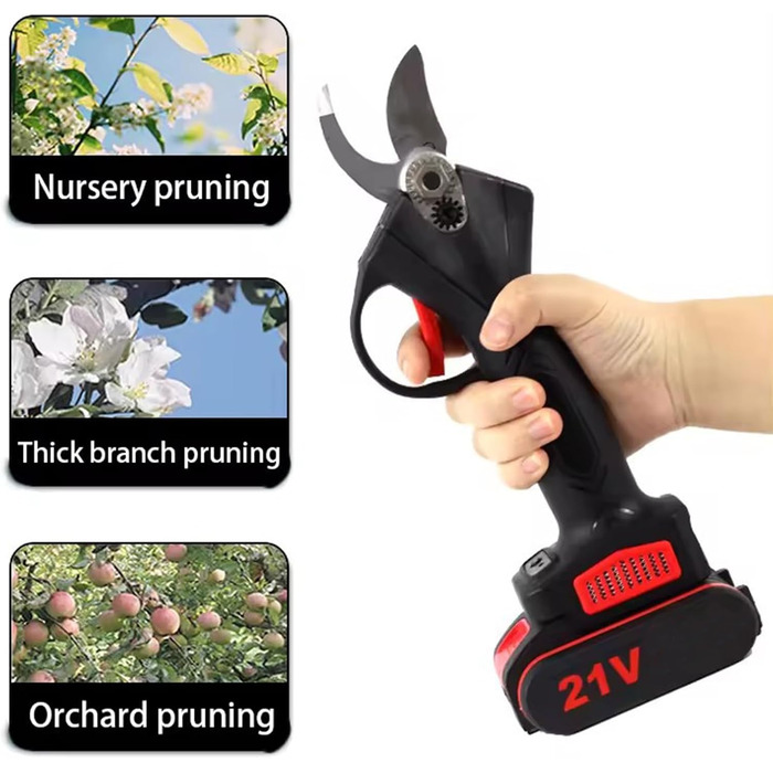 Електричні садові ножиці, бездротові, 25 мм, з 2 батареями (21 В), працюють від акумулятора, для садівництва, фруктових дерев та виноградників