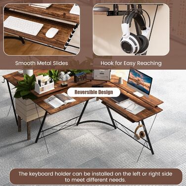 Кутовий стіл LIFEZEAL L-подібної форми, комп&39ютерний стіл з кріпленням для монітора, стіл із зарядною станцією, підставкою для клавіатури та гачком для навушників, кутовий стіл для дому, офісу, спальні (коричневий)