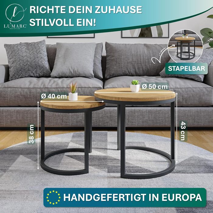 Набір журнальних столиків з 2 шт. , виготовлений з масиву дуба та сталі, Ручна робота в Європі, Журнальний столик, Стіл для вітальні, Журнальний столик, Чорний, Круглий, Ø50x43 см / Ø40x38 см Ø50x43 см / Ø40x38 см Дуб, Чорний