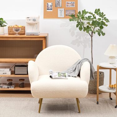 Сучасне крісло для відпочинку, одномісний диван, диван для відпочинку, затишна плюшева тканина, золотисті металеві ніжки, підходить для вітальні, спальні, білий, біло-золоті підлокітники