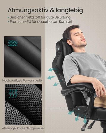 Ігрове крісло SONGMICS, офісне крісло з підставкою для ніг, робоче крісло з підголівником та поперековою опорою, регульована висота, ергономічне, вантажопідйомність до 150 кг, чорний колір OBG073B05 Колір чорнила чорний