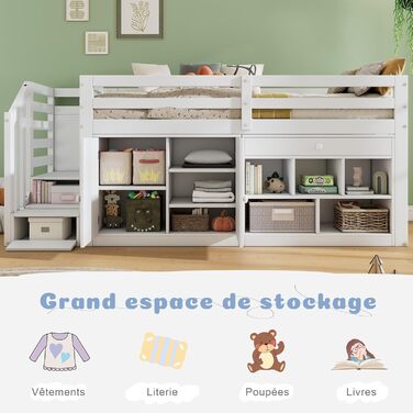 Дитяче ліжко 90x200, ліжко-горище з письмовим столом, шафою для зберігання та сходами для зберігання, дерев&39яне ліжко із захистом від падіння та рейковою основою, односпальне ліжко, дитяче ліжко, функціональне ліжко, ліжко з місцем для зберігання, карка