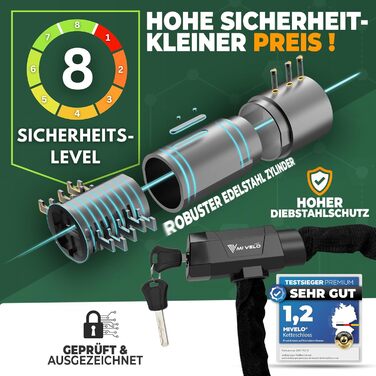 Замок велосипедний MIVELO ланцюговий високої безпеки ланцюг для велосипеда з шестиміліметровим квадратним перетином I Велозамок з загартованої сталі з ключем, 90 см