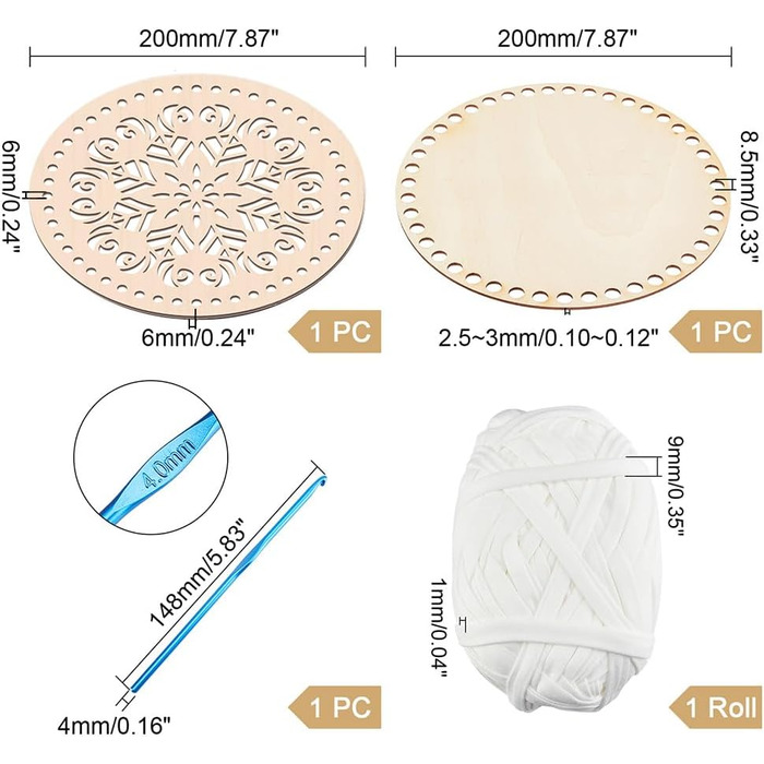 Набір для дна кошика PandaHall для вязання гачком 2 x 7,8 дюймів, кругла основа для вязання з натурального дерева, порожня порожня різьблена 1 x 4 мм, алюмінієвий вязальний гачок, 1 рулон, 40 ярдів, 9 мм, біла тканинна пряжа для DIY, отвір 6/8,5 мм.