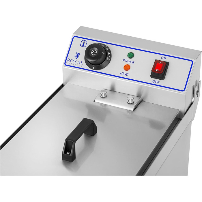 Електрична фритюрниця Royal Catering RCEF-10EH з нержавіючої сталі з кошиком (10 літрів, 3200 Вт, 230 В, термостат 60-200 C, 47,5 x 28 x 34,5 см, зливний кран)