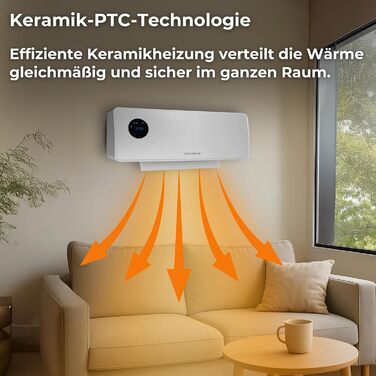 Настінний вентилятор-обігрівач SwingAir 2000 Вт, керамічний настінний обігрівач, електричний обігрівач для ванної кімнати з коливаннями, світлодіодний дисплей, білий
