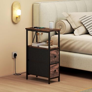 Журнальний столик HOMCOM, приставний столик із зарядною станцією, сталевий каркас, вузький столик для вітальні з 2 тканинними шухлядами, відкритим відділенням, розеткою, портами USB та USB-C, журнальний столик для вітальні, рустикальний коричневий