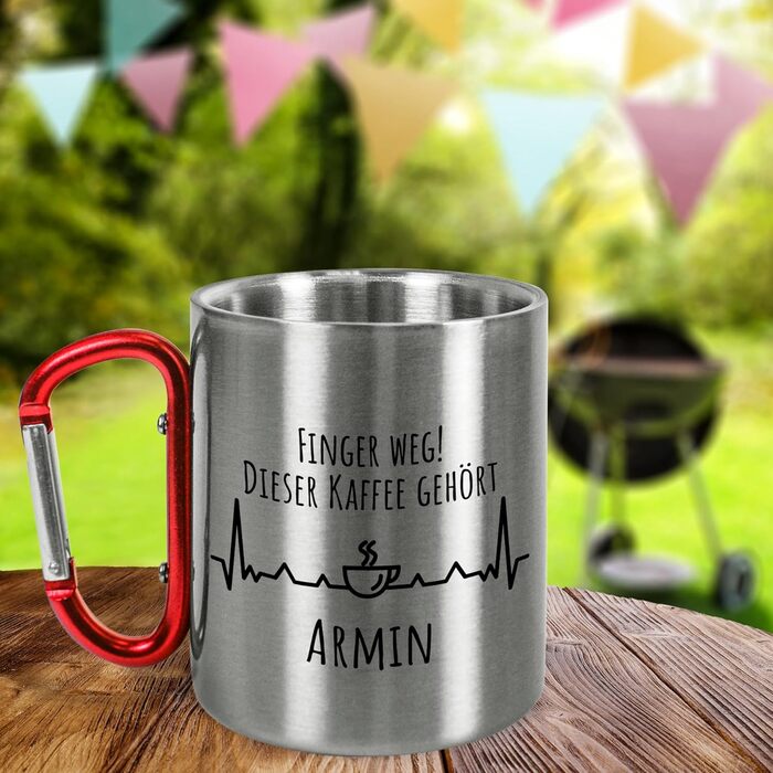 Кумедна металева кружка з нержавіючої сталі з карабіном, приблизно 330 мл, персоналізована написом Руки геть - Кемпінгова кружка з назвою - Подарунки для активного відпочинку для чоловіків та жінок (кава, червона ручка)