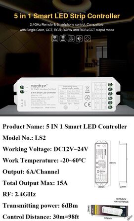 Контролер світлодіодної стрічки LGIDTECH LS2 Miboxer, бездротовий контролер 5 в 1 2.4 ГГц, сумісний зі світлодіодними стрічками Solid Color, RGB, RGBW, WWCW, RGBCCT