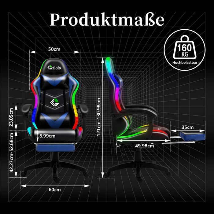 Ігрове крісло з RGB підсвічуванням, підставкою для ніг, ергономічною спинкою, подушкою для голови та масажем. Регульоване по висоті, для дорослих та дітей. Синій RGB-синій колір.