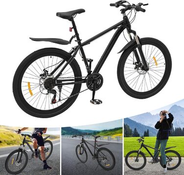 Дюймовий гірський велосипед з 21-швидкісною коробкою передач, підходить для хлопчиків та дівчаток, передні та задні дискові гальма, регульоване сидіння для гірських пригод та їзди містом, чорний, 26-