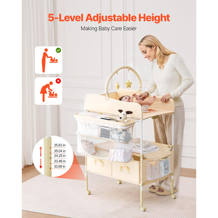 Пеленальний столик VEVOR, складна пеленальна станція з 2 висувними ящиками для тканини, бічним кошиком та вішалкою для одягу, портативний пеленальний столик з регульованою висотою, колесами, що блокуються, та 2 іграшками-зірками, світло-бежевий