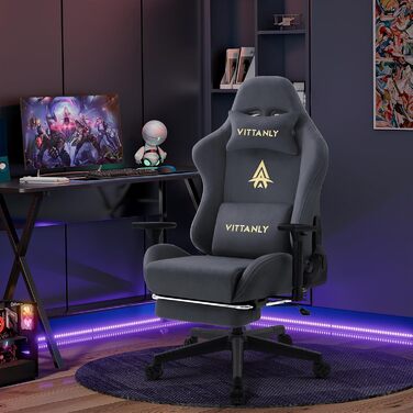 Ігрове крісло Vittanly, розкішне ігрове крісло зі штучної замші, офісне крісло, ергономічне робоче крісло з підставкою для ніг, підголівником та поперековою подушкою, 3D-підлокітники, спинка 90-155, сірий колір