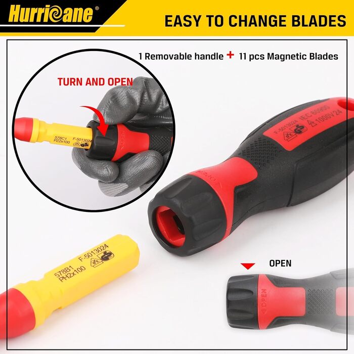 Набір викруток HURRICANE 13 предметів, ізольований 1000 В, Cr-V з магнітними наконечниками. 4 плоскі, 2 хрестоподібні, 2 Pozidriv, 3 Torx-біти, 1 індикатор напруги та 1 ручка. Ідеально підходить для професійного ремонту.