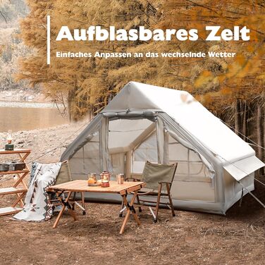 Надувний кемпінговий намет з насосом, надувний намет Oxford 420D для кемпінгу, водонепроникний до 3000 мм, вітрозахисний намет-кабінка на 4 сезони з сітчастими вікнами, розрахований на 3-4 особи, з каміном / 300 x 200 x 200 см