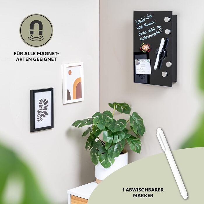 Скринька для ключів Bremermann зі скляною передньою частиною, з можливістю запису, 8 гачків, 6 магнітів, 1 маркер, 1 тримач для маркера, металевий корпус із сірим порошковим покриттям (повністю чорний)