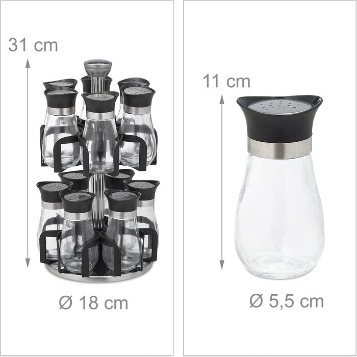 Карусель для спецій Relaxdays, 12 банок для спецій, обертається на 360, нержавіюча сталь, скло, ВxГ 31 x 18 см, підставка для спецій, сріблясто-чорна