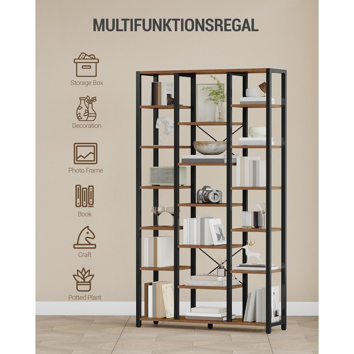 Книжкова полиця Hzuaneri, стояча полиця з 7 рівнями та 18 полицями, регульовані відкриті полиці, для вітальні, офісу, спальні, 30 x 100 x 202 см, вінтажний коричнево-чорний, BC15601B 30 x 100 x 202 см вінтажний коричнево-чорний