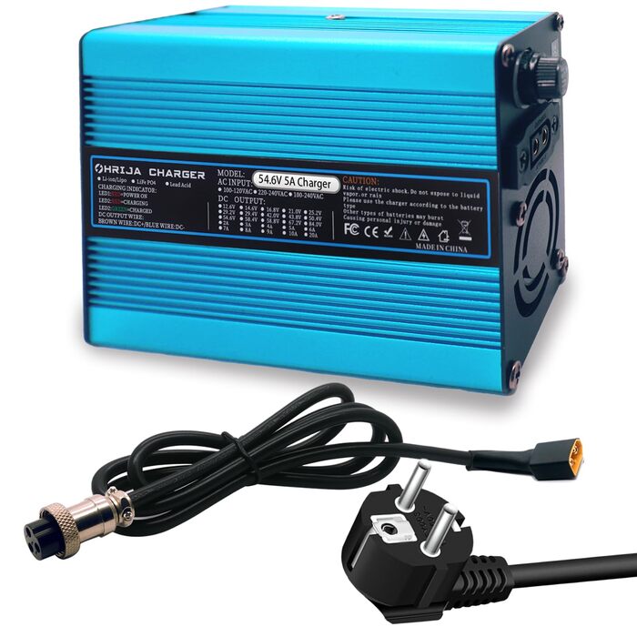 Зарядний пристрій 54,6 В 5 А для літієвих акумуляторних блоків 48 В, зарядний пристрій 48 В 5 А, синій зовнішній вигляд 48,1 В 5 А із сірим роз&39ємом A50 Anderson (HRH300-54.6V5AGX1613-BL)