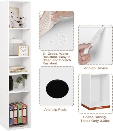 Книжкова полиця WOLTU, відкрита полиця з 5 кубиками, кубічна полиця, роздільник кімнати, полиця для документів, вузька полиця для зберігання, для вітальні, офісу, виготовлена з деревного матеріалу, біла, 30x1526 см, SK034ws 5 полиць (26Г x 30Ш x 151В см) 
