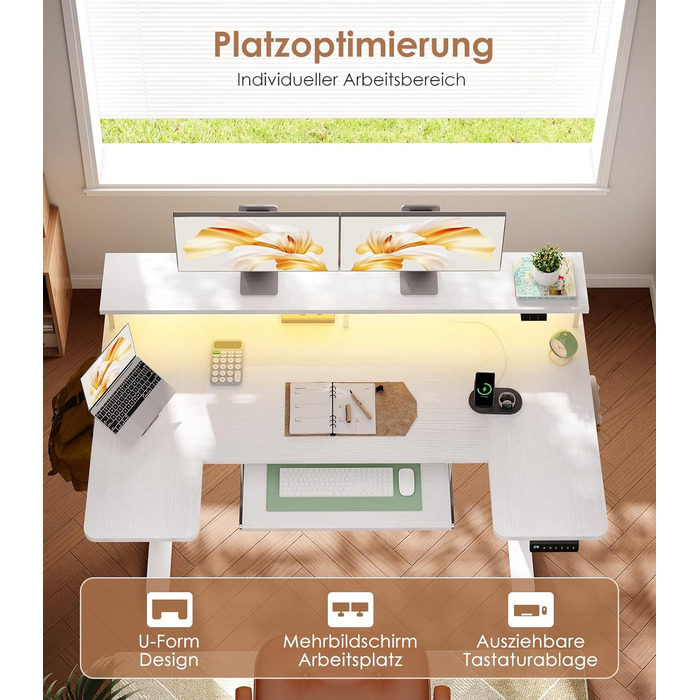 Подібний стіл OffiGo з регульованою висотою, електричний стіл для роботи сидячи/стоячи 140 см з підставкою для монітора, розетками та портом заряджання USB, стіл для роботи стоячи зі світлодіодним підсвічуванням, комп&39ютерний стіл для домашнього офісу, 