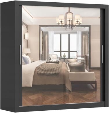 Шафа з дзеркалом - Шафа з розсувними дверима - Шафа для спальні - 64 x 203 x 215 см - Шафа для вітальні - Вішалка для одягу, Шафа з двома дверима, Сучасна 200 см Чорного кольору