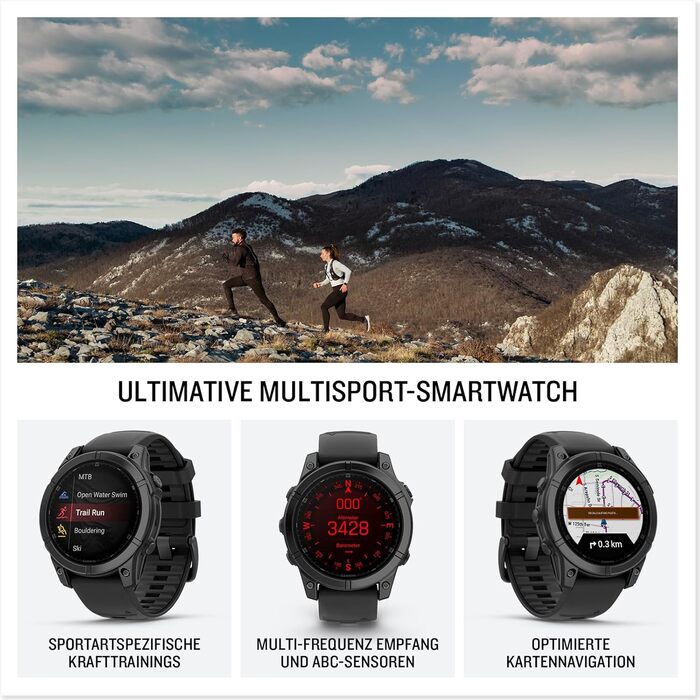 Розумний годинник для різних видів спорту, 1,3-дюймовий AMOLED-сенсорний/кнопковий дисплей, до 16 днів роботи від акумулятора, понад 80 спортивних програм, топографічні карти, музика, сповіщення. fenix E 47mm Чорний/Сірий, 47mm