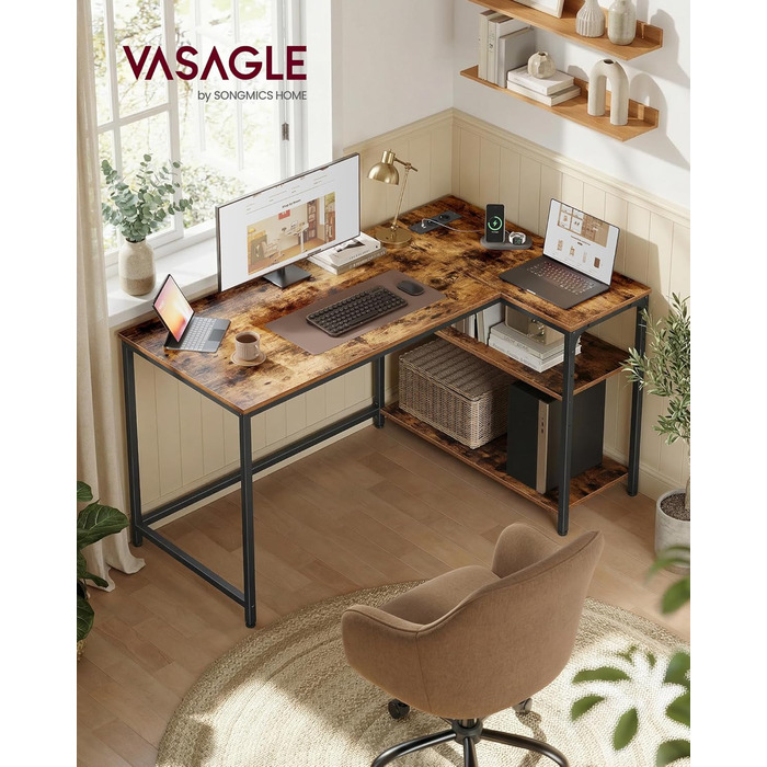 Г-подібний кутовий стіл, комп&39ютерний стіл з місцем для зберігання, офісний стіл, полиця з регульованою висотою, для домашнього офісу, з 2 розетками змінного струму та 2 USB-портами, 120 x 80 см, вінтажно-коричневий LWD132KD01 Подовжувач живлення 120 x 