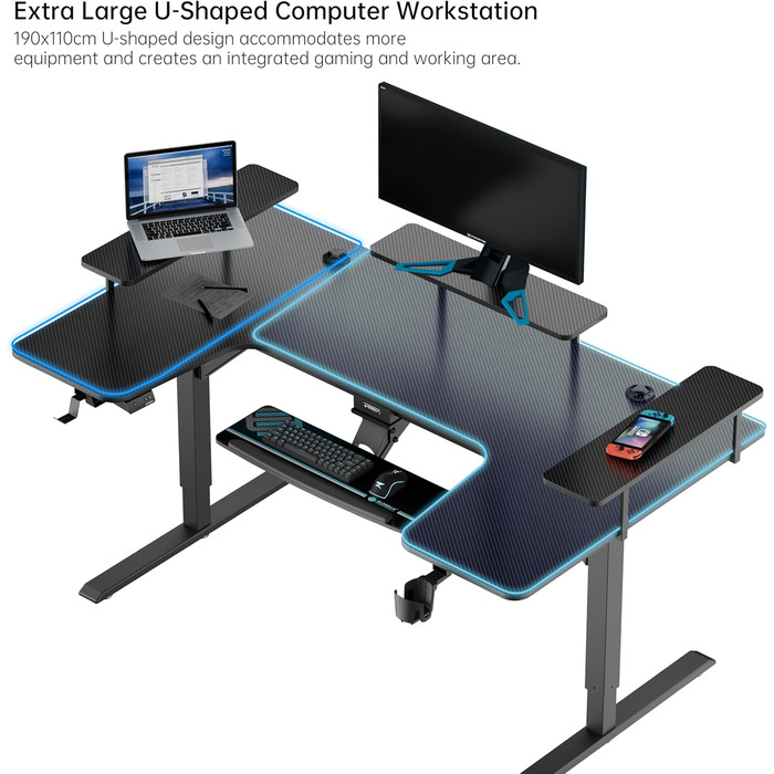 Електричний стіл з регульованою висотою 190110 см U-подібний ігровий стіл Великий кутовий стіл з регульованою висотою з підставкою для клавіатури, комп&39ютерний стіл з 3 підставками для світлодіодних моніторів ERK-U71-B-2-EU Чорний