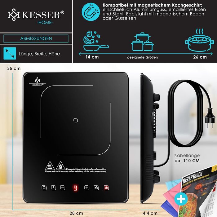 Індукційна варильна поверхня KESSER Індукційна варильна поверхня 1 тарілка 2100 Вт портативна 28 см 3 тканини з мікрофібри книга рецептів, 9 налаштувань нагріву, 8-годинний таймер, сенсорне керування, функція бустера 220-240 В Конфорки - 1