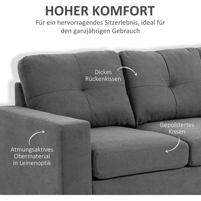 Кутовий диван HOMCOM L-подібної форми з 3 подушками, кутовий диван з ґудзиками, імітація лляної тканини, розкладний шезлонг-диван для вітальні, спальні 193 x 136 x 85 см темно-сірий