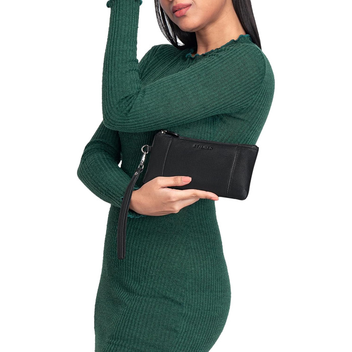 Греція вінтажний клатч з натуральної шкіри для жінок. Знімний ремінець на зап'ястя та захист від RFID. Чорний колір.