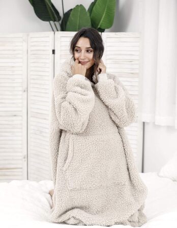Великогабаритна шерпа-ковдра з капюшоном для чоловіків та жінок, довга зручна шерпа-ковдра, светр, волохатий пуловер, плюшевий, теплий, затишний, універсальний розмір, бежевий