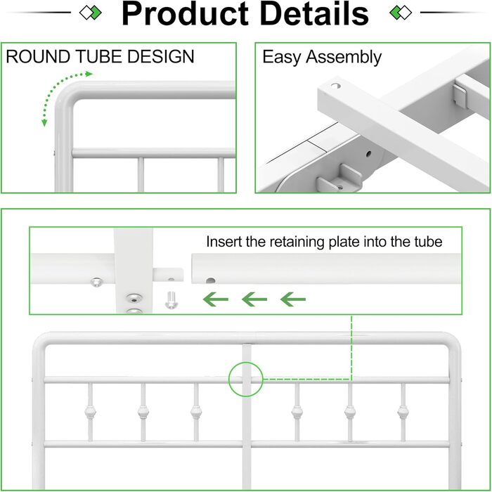 Металеве ліжко EMODA 140 x 200 см з узголів&39ям та узніжжям, каркас ліжка заввишки 46 см, міцний каркас ліжка, легке складання, безшумне, біле DE 140 x 200 см Біле