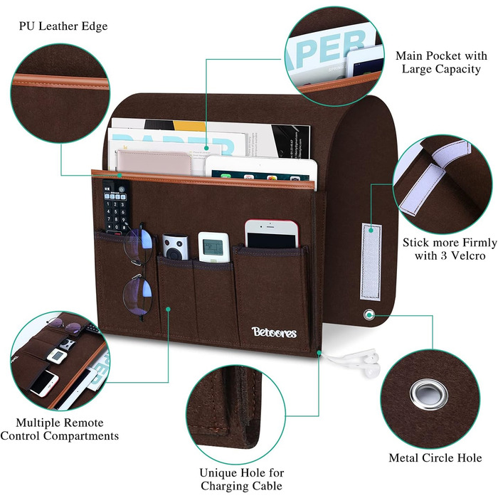 Організатор для підлокітників дивана, сумка-органайзер для дивана, сумка-органайзер для ліжка для підвішування, сумка-органайзер для підвішування з фетру з 5 кишенями для дивана, стільця, ліжка, перил ліжка, столів, прилавків, тумби під телевізор - кавово