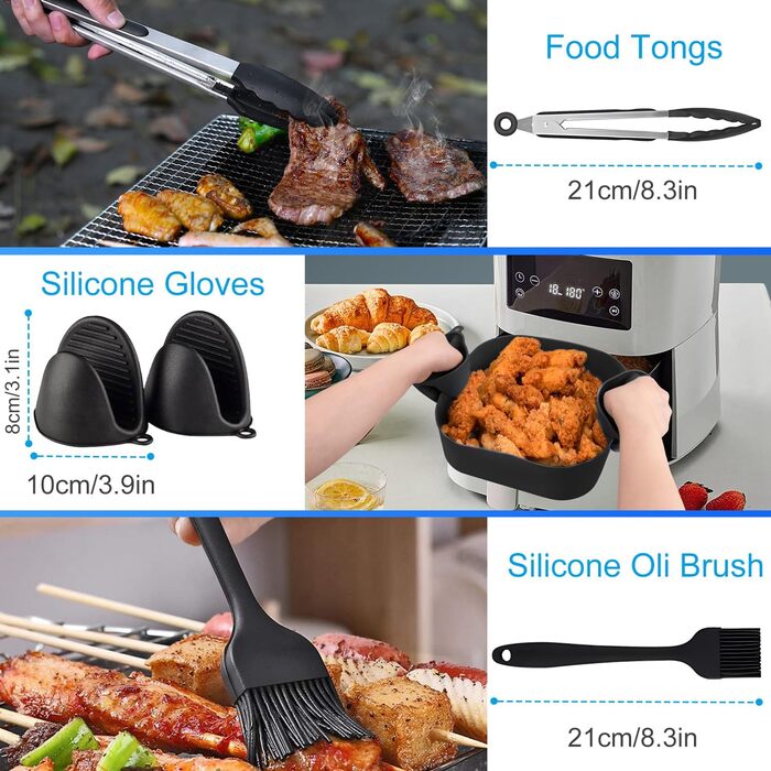 Набір аксесуарів для фритюрниці, аксесуари для фритюрниці з силіконовою формою 2 шт. XXL Силіконова форма для випічки Philips 6.2 л, COSORI 5.5 л/4.7 л, Cecotec 6 л зі щіткою для олії, кухонними щипцями та 2 силіконовими рукавичками