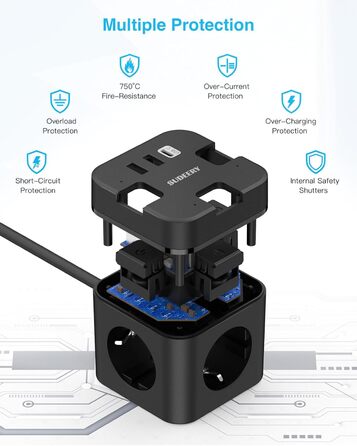 Куб розетки з USB C, 3 відділення з декількома розетками, плоска вилка з одним перемикачем, подовжувач з кабелем довжиною 2 м, 1 в