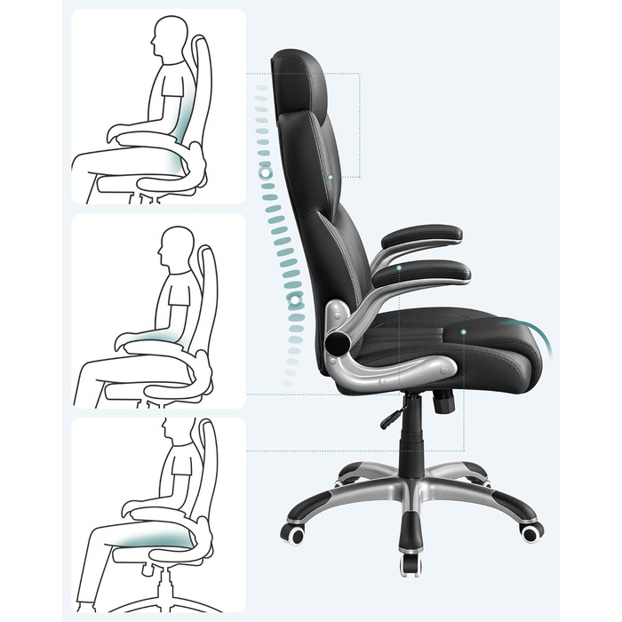 Офісне крісло SONGMICS, ігрове крісло, регульований підголівник, функція гойдання, письмове крісло, регульовані підлокітники, універсальні колеса, регульована висота, чорний колір OBG65BK