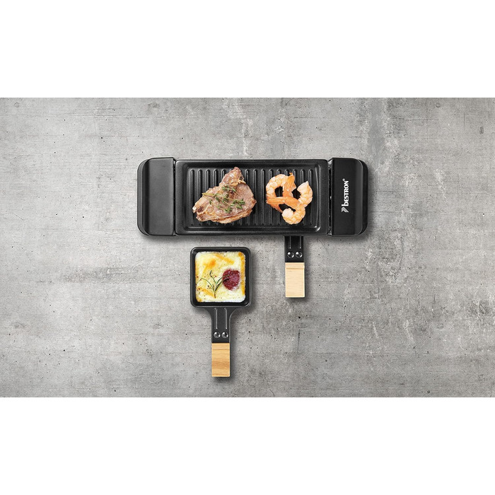 Раклет Bestron на 1 до 2 осіб, міні-настільний гриль з двома сковородами, двома дерев'яними скребками та двома підставками, 350 Вт, колір чорний