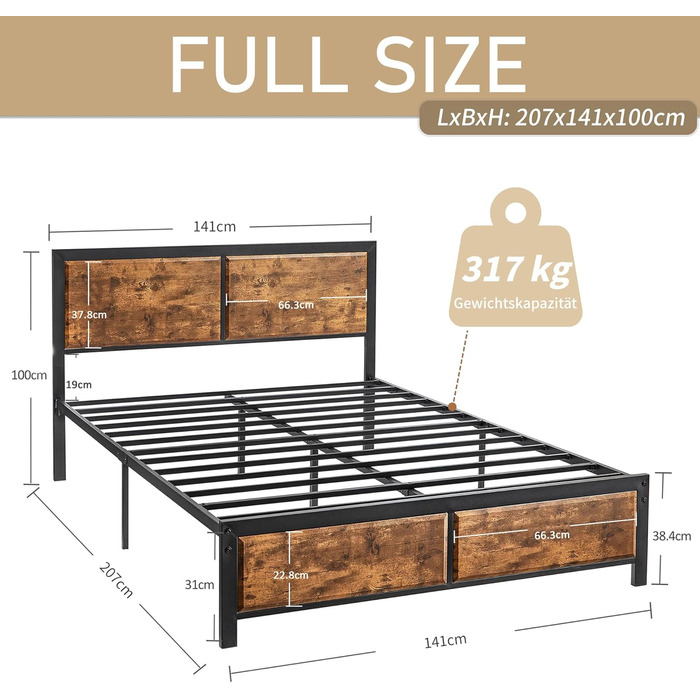 Ліжко VECELO з металевим каркасом 140 x 200 см та товстим дерев&39яним узголів&39ям, каркас двоспального ліжка з металу з рейковою основою, багато місця для зберігання під ліжком, ідеально підходить для спальні, коричневий колір 140 x 200 см, коричневий