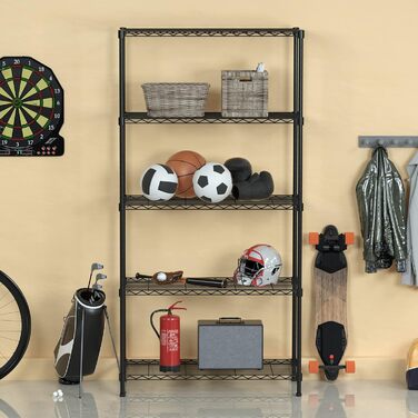 Полиця для зберігання WORKPRO з 5 полицями, регульованими по висоті, та регульованими ніжками, металева полиця, полиця для підвалу, полиця для майстерні, вантажопідйомність до 340 кг, 75x35x150 см, з 4 гачками, чорний колір