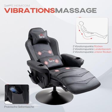 Електричне крісло-реклайнер для телевізора HOMCOM, масажне крісло з функцією відкидання, поворотне на 360 крісло для телевізора з пультом дистанційного керування, підставка для чашки, бічна кишеня, для вітальні, штучна шкіра чорного кольору