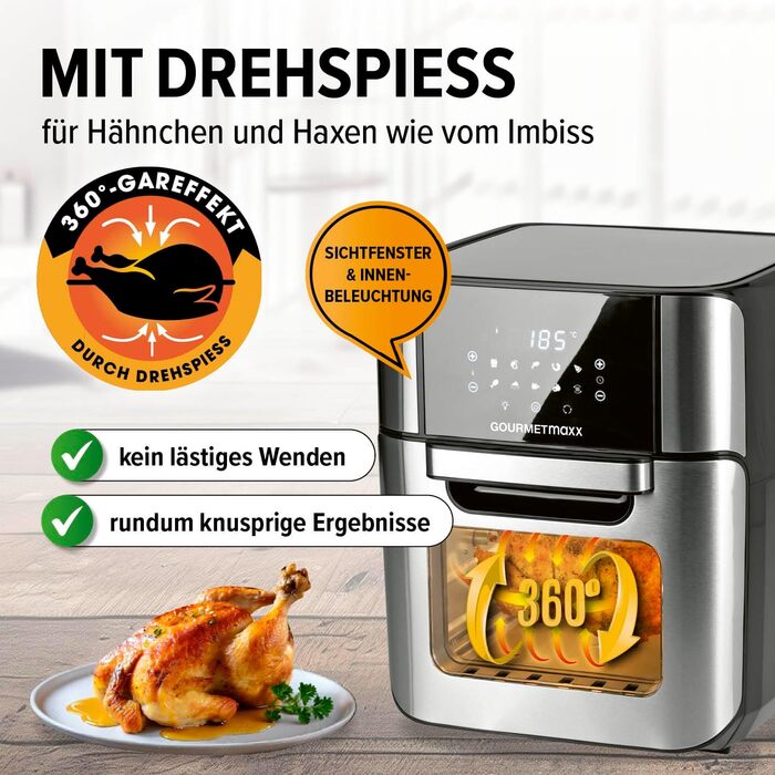 Цифрова фритюрниця GOURMETmaxx 12 л, духова шафа з нержавіючої сталі XXL Мультипіч таймер, сенсорний дисплей, гриль Нежирне, енергозберігаюче смаження 10 програм в т.ч. піца 1800 Вт нержавіюча сталь / чорний 12 літрів