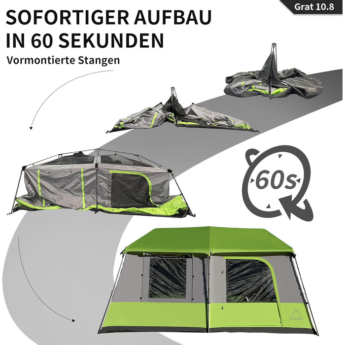 Намет TENPLAY Instant Pop-Up, великий сімейний намет, 2-8 осіб, легке встановлення, Rainfly, 2 кімнати, сумка для перенесення, водонепроникний PU 3000 мм, місткий та повітропроникний, для кемпінгу, пікніків, вечірок