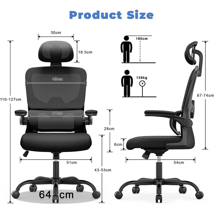 Ергономічне офісне крісло naspaluro, стілець для роботи з відкидними підлокітниками, динамічна поперекова підтримка, регульоване по висоті офісне крісло з функцією нахилу 120, чорний колір з підголівником