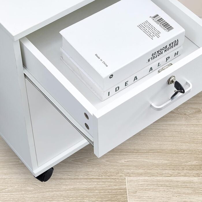 Шафа для документів на колесах із замком, дерев&39яна, з шухлядою та закритим місцем для зберігання, мобільна шафа під столом для паперу та папок формату А4, біла, 1 шухляда 1 дверцята для зберігання