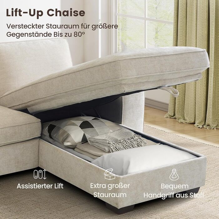 Розкладний секційний диван 250 см з шезлонгом, сучасний L-подібний двосторонній дизайн, зручна тканина шеніл, знімні чохли для подушок, порти USB Type-C (бежевий, 3-місний L-подібний)