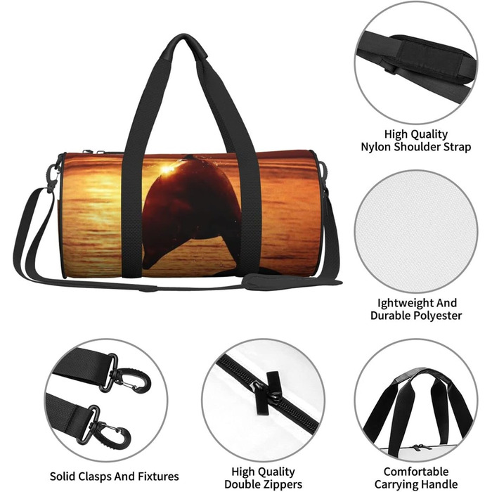 Спортивна сумка для подорожей, Захід сонця, з красивим малюнком дельфіна, дорожня сумка на ніч, чорна, універсальний розмір